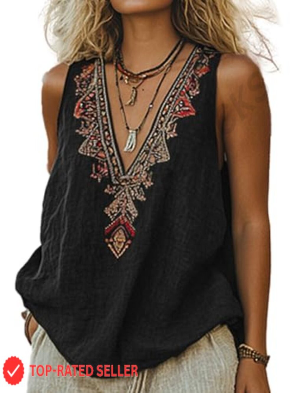 Mexican Embroidered Sleeveless Boho Peasant Blouse Loose Tank Top
